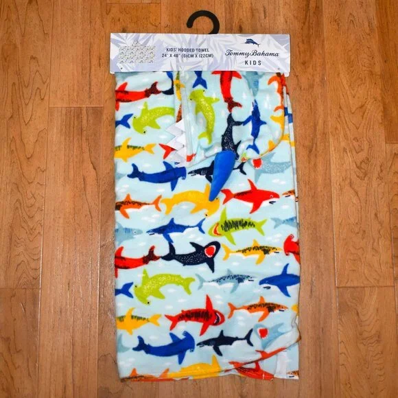 NWT Tommy Bahama Shark Print Kids Hooded Towel 24" x 48" Blue Red Yellow - Picture 1 of 5